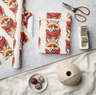 Papier Cadeau Renard mignon avec un foulard rouge motif automnal