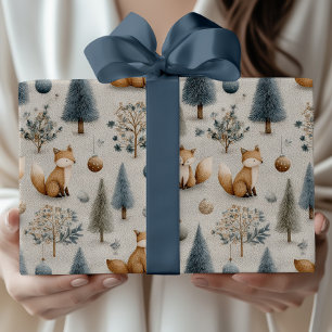 Papier Cadeau Renard rustique et sapin de Noël et Bauble en bleu