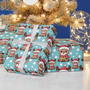 Papier Cadeau Renne de Noël avec chapeau de Père Noël