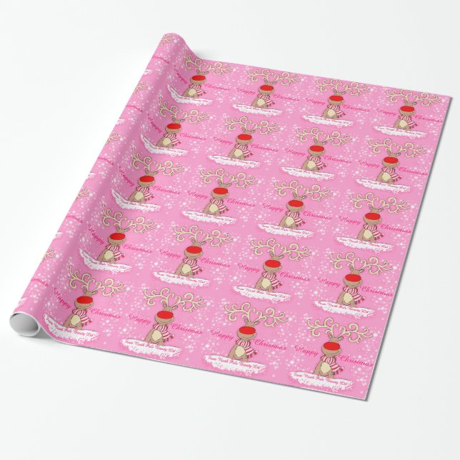 Papier Cadeau Renne de Noël dans l'enveloppe de vacances de rose (Déroulé)