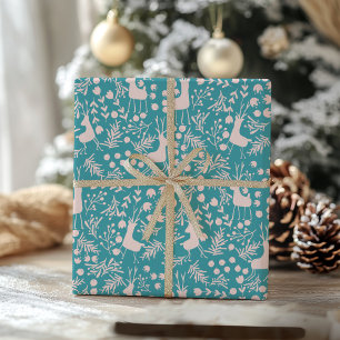 Papier Cadeau Renne Nordique Floral Noël Rose sur Fond Sarcell
