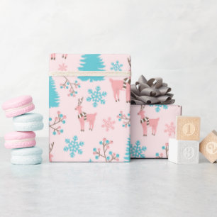 Papier Cadeau Renne rose Bleu Pine Arbre et Berry Branche