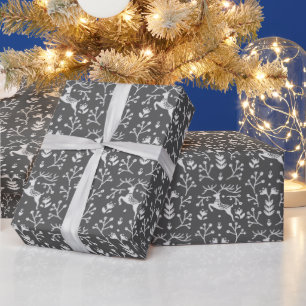 Papier Cadeau Rennes blanches grises scandinaves Noël Floral