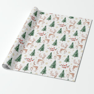 Papier Cadeau Rennes de Noël, Baies, Flocons de Neige, Arbres