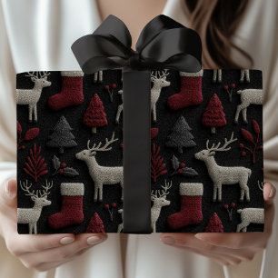 Papier Cadeau Rennes de Noël & Bas en rouge et gris