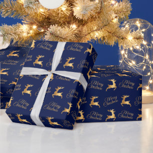Papier Cadeau Rennes de Noël Bleu Marine et Or