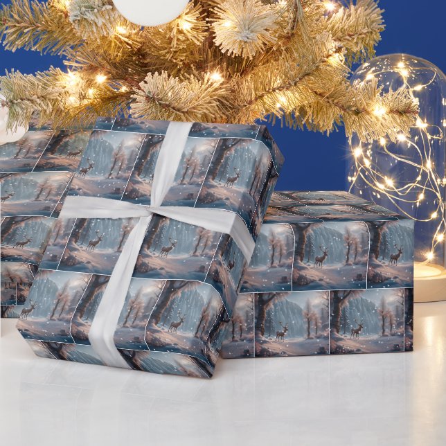 Papier Cadeau Rennes de Noël dans les flocons de neige (Vacances)