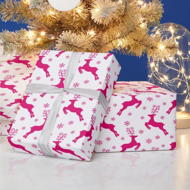 Papier Cadeau Rennes de Noël d'hiver blanc et rose (Vacances)