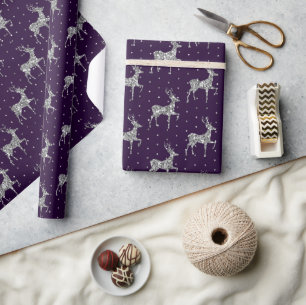 Papier Cadeau Rennes de Noël Élégants Violet et Argent