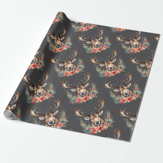 Papier Cadeau Rennes de Noël florales (Déroulé)