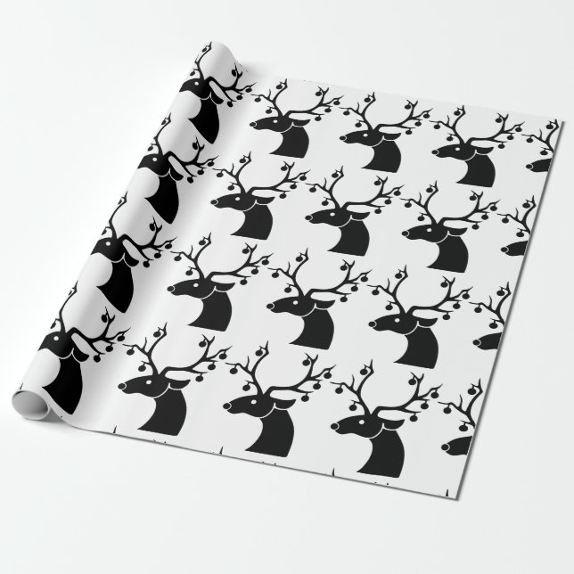 Papier Cadeau Rennes de Noël noir et blanc avec ornements (Déroulé)