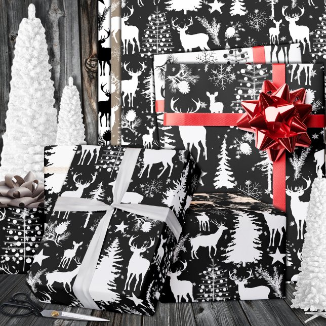 Papier Cadeau Rennes Forestières Noires Et Blanches (Black And White Woodland Forest Reindeer Wrapping Paper In 6 & 15 foot long 30 inch rolls)