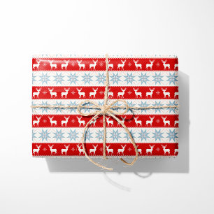 Papier Cadeau Rennes nordiques de Noël et Snowflakes Rouge