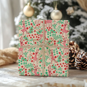 Papier Cadeau Rennes roses fantaisistes et motif de feuillage hi