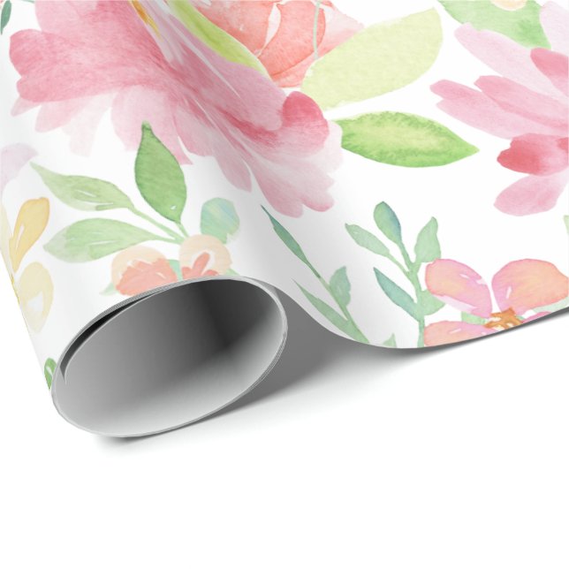 Papier Cadeau Ressort magnifique floral et aquarelle blanche (Coin rond)