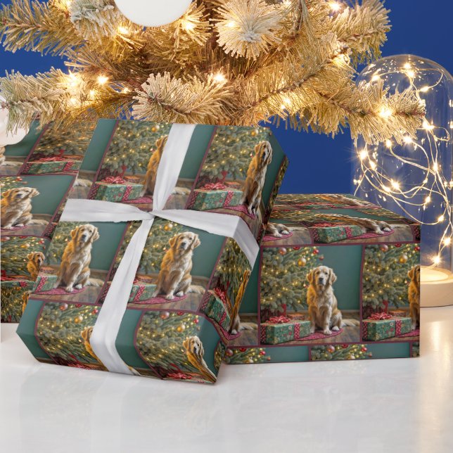 Papier Cadeau Retriever de Noël avec des cadeaux sous un arbre (Vacances)
