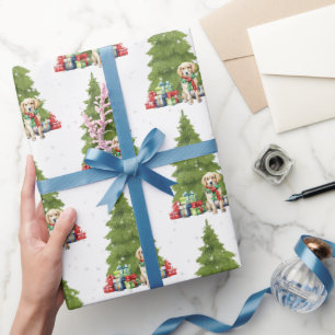 Papier Cadeau Retriever doré de Noël avec des cadeaux