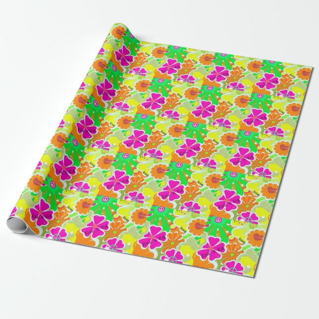 Papier Cadeau Retro 1960 : Paix, Amour, Rocher et Rouleau (Déroulé)