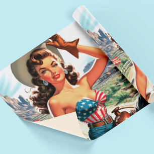Papier Cadeau Retro Belle Cowgirl Pin Up