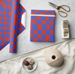 Papier Cadeau rétro branché mignon bleu rouge à carreaux ondulés
