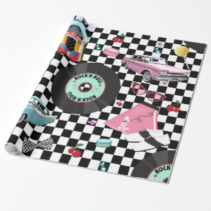 Papier Cadeau Retro Checker 50's Cinquante Thème Anniversaire