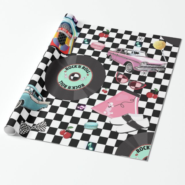 Papier Cadeau Retro Checker 50's Cinquante Thème Anniversaire (Déroulé)