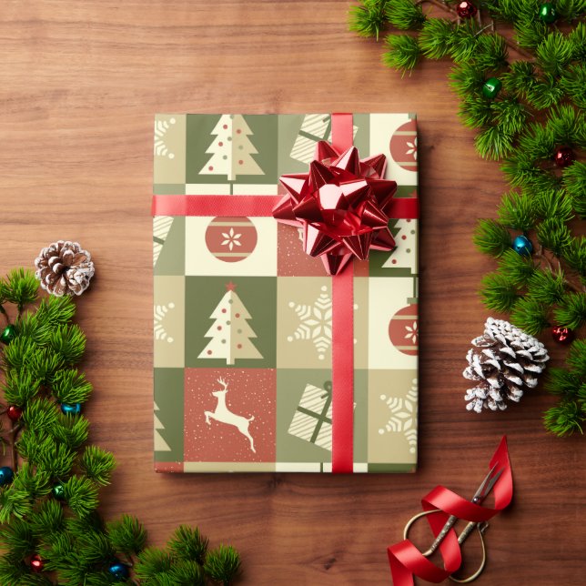 Papier Cadeau Retro Checkered Christmas Red and Green  (Cadeau de vacances)
