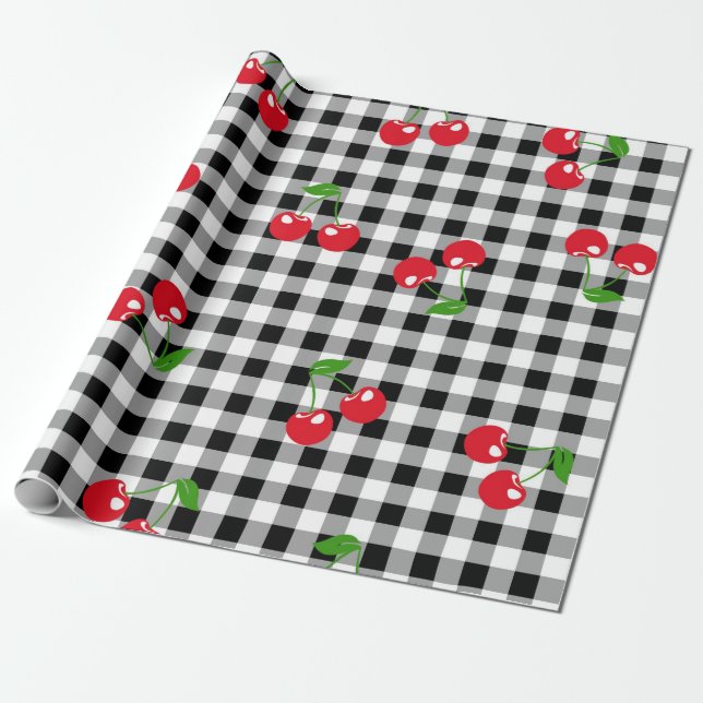Papier Cadeau Retro Chic Cute Rouge Cerise Noir & Blanc En vichy (Déroulé)