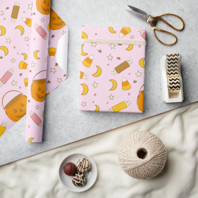Papier Cadeau Retro Cute Halloween Party rose (Artisanat)