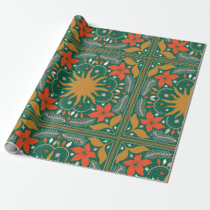 Papier Cadeau Retro Fête Sol et Poinsettia Art Populaire
