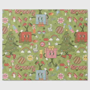 Papier Cadeau rétro groovy 1970 disco sapin de Noël vert coche