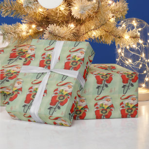 Papier Cadeau Retro Happy Santa Claus à vélo