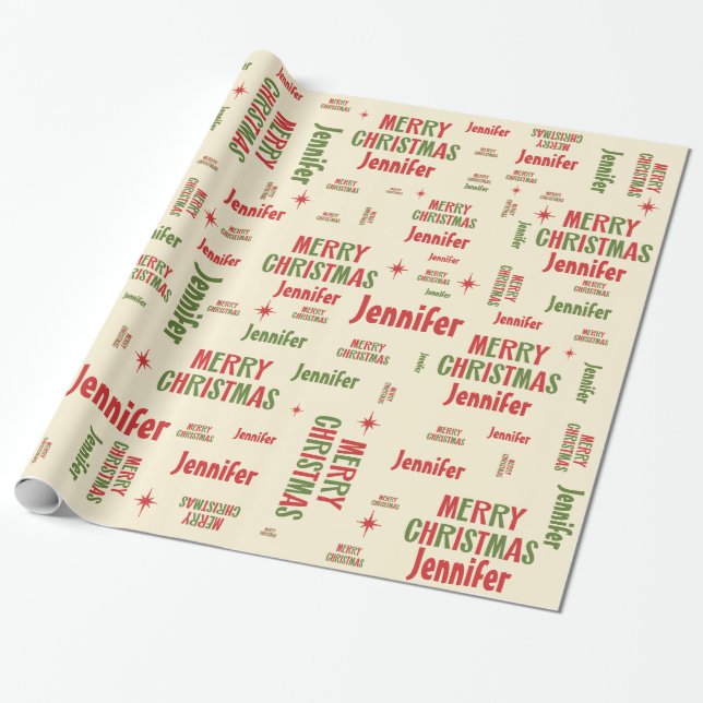 Papier Cadeau Retro Joyeux Noël Jennifer Nom personnalisé (Déroulé)