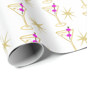 Papier Cadeau Retro Martini Cocktail Verre Festif Rose Olive