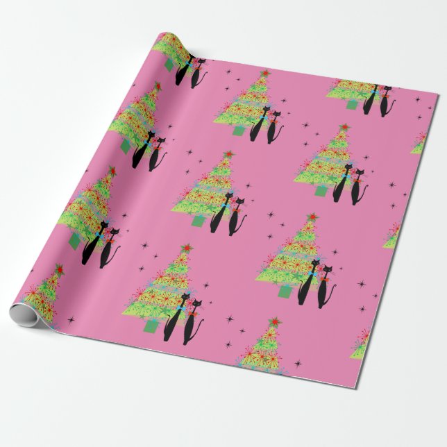 Papier Cadeau Retro Mid-Century moderne Cool Chat Arbre de Noël (Déroulé)