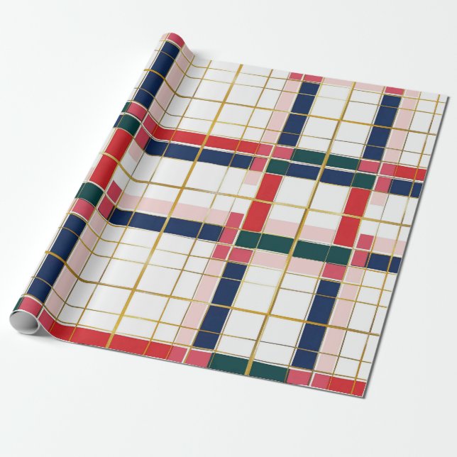 Papier Cadeau Retro MOD Plaid Rouge or (Déroulé)