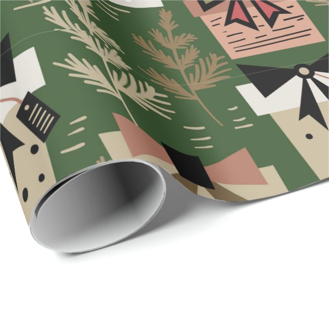 Papier Cadeau Retro Moderne Vert rose Noël Motif actuel (Coin rond)