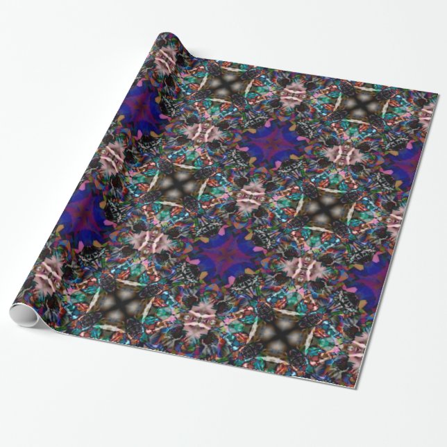 Papier Cadeau Rétro motif bleu de fractale de fleur (Déroulé)