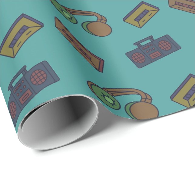Papier Cadeau Retro Music Audio Collage Turquoise (Coin rond)