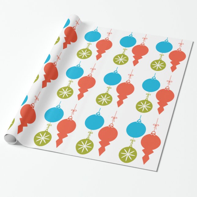 Papier Cadeau Rétro Noël frais ornemente vert-bleu rouge (Déroulé)