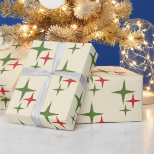 Papier Cadeau Retro Noël Mi-Siècle Moderne Étoiles atomiques