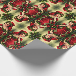 Papier Cadeau Retro Noël Vintage fille femme Rouge Elf Classique
