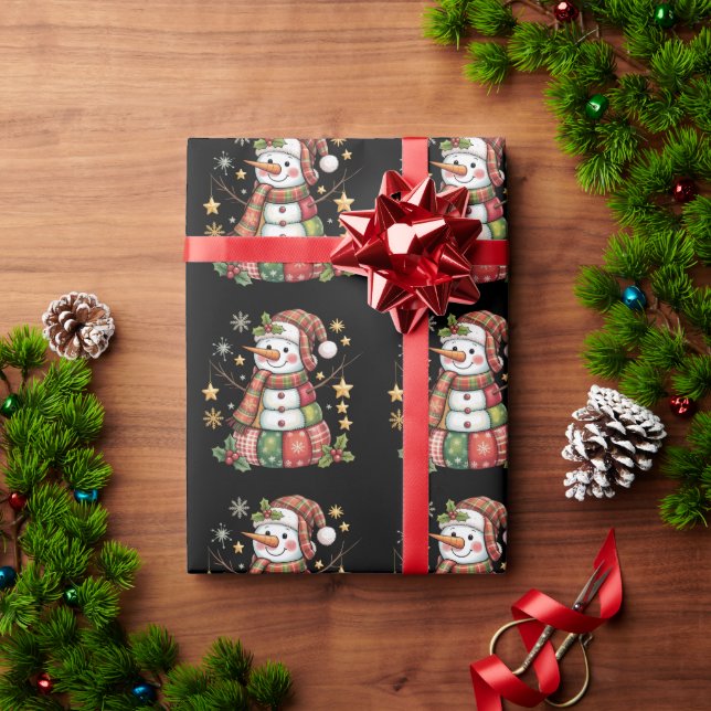 Papier Cadeau Retro Patchwork Snowman Joyeux Noël Coquette (Cadeau de vacances)