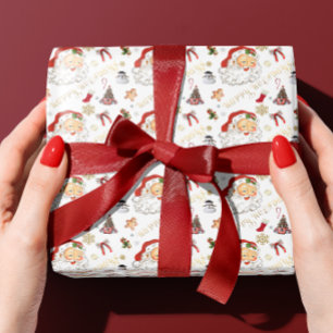 Papier Cadeau Retro Père Noël Blanc et Rouge Tout Noël