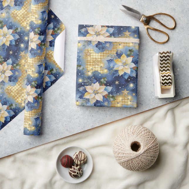 Papier Cadeau Rétro Poinsettia Bleu Minuit Noël TMF26 (Artisanat)