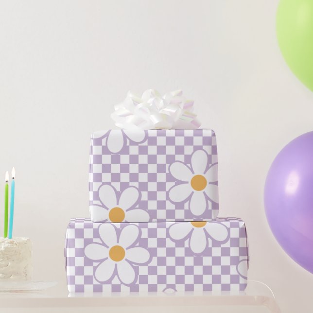 Papier Cadeau Retro Purple Check et marguerite (Cadeaux de fête)
