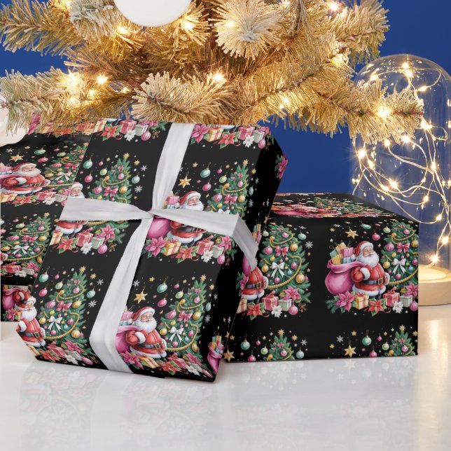 Papier Cadeau Retro rose Père Noël Coquette Noël mignonne Arbre  (Vacances)