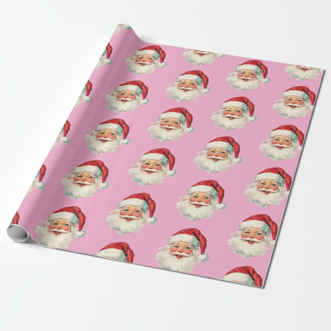 Papier Cadeau Retro Santa Face Christmas Pink (Déroulé)