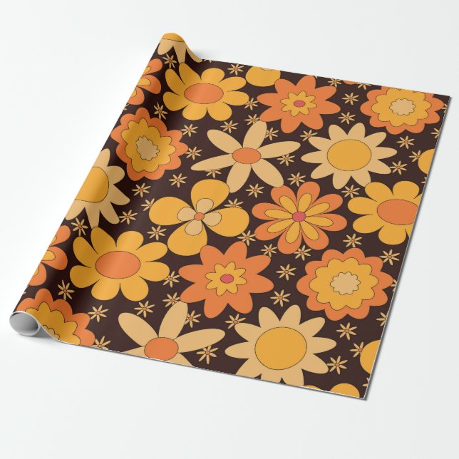 Papier Cadeau Retro Super motif floral jaune et orange (Déroulé)