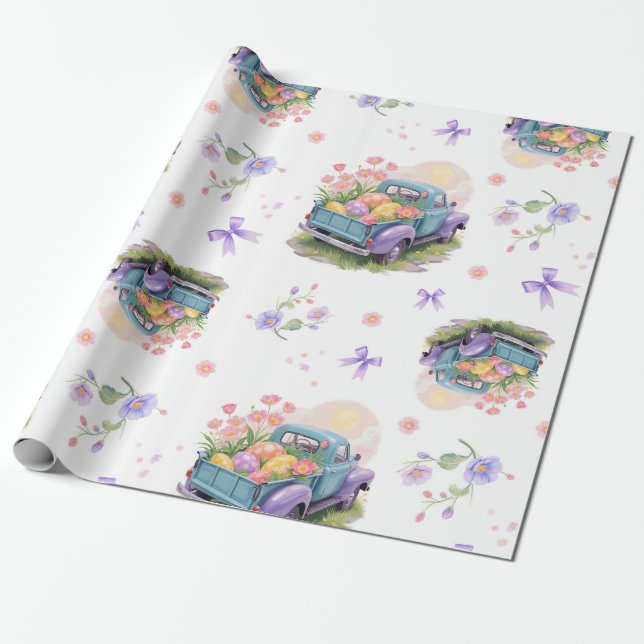 Papier Cadeau Retro Teal & Purple Truck with Easter Eggs (Déroulé)
